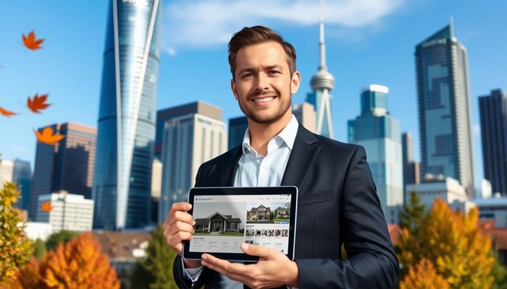 A man in a suit stands smiling outdoors in a cityscape with modern skyscrapers. He holds a tablet displaying images of homes. Autumn leaves are visible in the foreground.