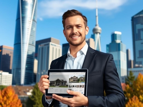 A man in a suit stands smiling outdoors in a cityscape with modern skyscrapers. He holds a tablet displaying images of homes. Autumn leaves are visible in the foreground.