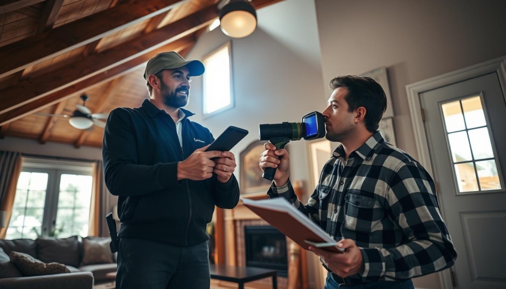 Two men are inside a cozy living room. One wears a cap and holds a phone, while the other wears a plaid shirt, holding a clipboard and talking into a microphone. They appear to be having a friendly conversation. The room has wooden ceilings and large windows.