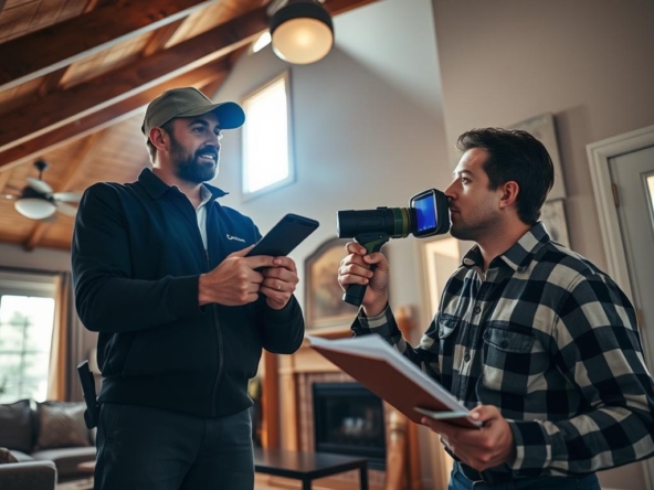 Two men are inside a cozy living room. One wears a cap and holds a phone, while the other wears a plaid shirt, holding a clipboard and talking into a microphone. They appear to be having a friendly conversation. The room has wooden ceilings and large windows.