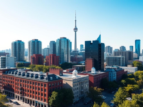 A city skyline featuring a prominent tower amidst modern high-rise buildings. In the foreground, there are historic brick structures lined with trees. The sky is clear and blue, suggesting a sunny day.