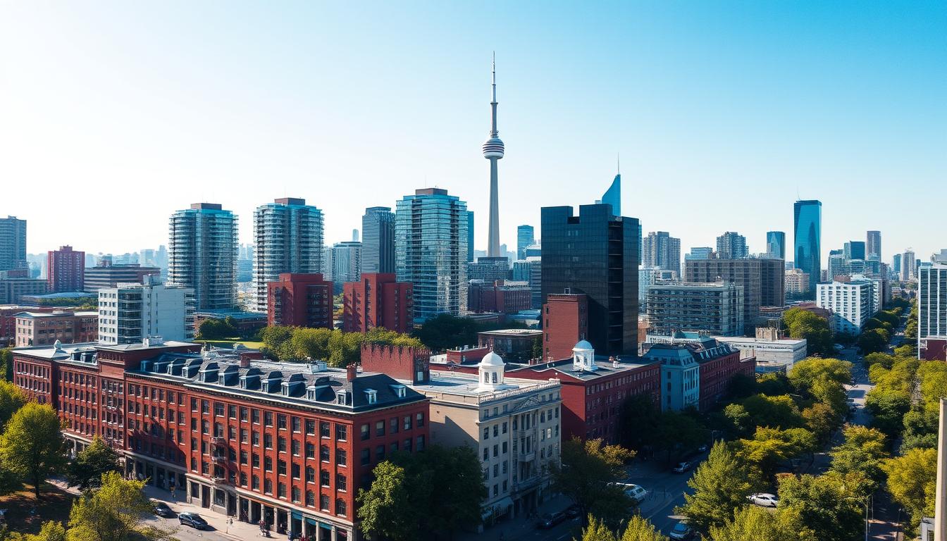 A city skyline featuring a prominent tower amidst modern high-rise buildings. In the foreground, there are historic brick structures lined with trees. The sky is clear and blue, suggesting a sunny day.